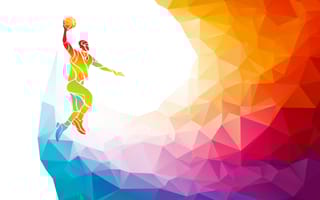A cascading rainbow of geometric triangles for a wave of color and a basketball player jumping with an extended arm for a dunk
