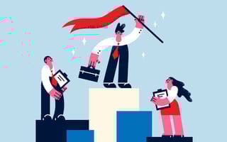 businessman on top of a pedestal carrying a flag and briefcase while coworkers look on