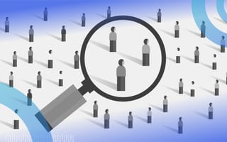 Cluster analysis illustration of a large group of people from far away and above. A giant magnifying glass hovers over three of the people and enlarges them.