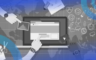 content management system (CMS) illustration of a laptop and different hands placing website components on it as if it were a bulletin board.