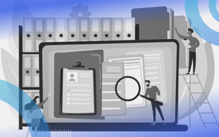 Database Management System (DBMS) illustration of miniaturized people working on a laptop managing a database.