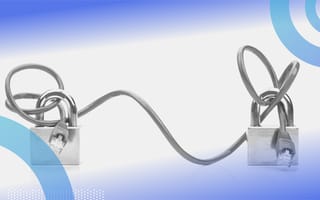 end-to-end encryption image of two padlocks sitting on either side of the picture. There is an ethernet cable tying them together.