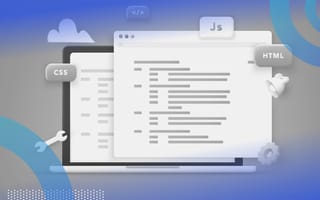 iframe (inline frame) illustration of a laptop with a pop-up window. Around the laptop we see clouds in the background, a wrench, a settings gear and tags labeled CSS, HTML and JavaScript