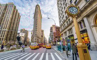 A view of the Flatiron Building from Fifth Avenue in New York City.