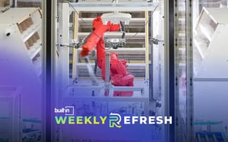 A Covariant robotic arm with the Built In San Francisco Weekly Refresh logo in the foreground.