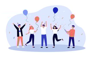Five people celebrating and having fun with balloons.