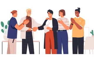 Five employees congratulating and thanking each other.