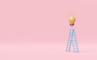 A lightbulb hovers above a blue ladder against a pink background — concept image