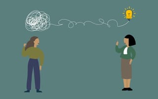 Illustration of two women talking, one with confusion over her head, the other with a light bulb