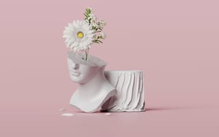 Statue of goddess' head, broken with flowers coming out of the head, on pink background
