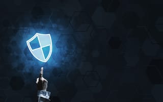 hand pointing up toward cybersecurity shield icon