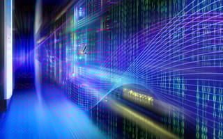 An image of binary code and a series of blue, purple and green lines.