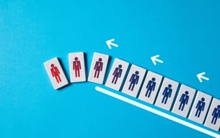 icons of people changing from blue to red, ascending up a ramp and falling over