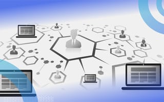 Grid computing illustration of hexagonal nodes connecting people and laptops to give the impression of a distributed grid network