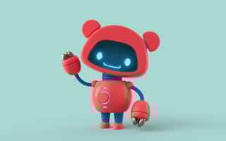 A friendly red robot waves.