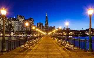 A nighttime photo of San Francisco's Pier 7.