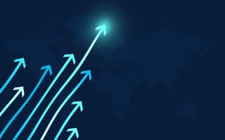 Bright blue arrows point diagonally across a light image of the world map