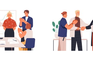 Four scenes of colleagues congratulating and celebrating each other.