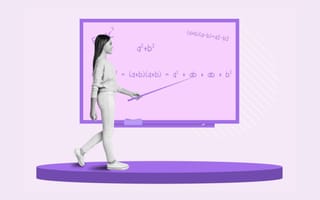A teacher points at a math equation on a chalkboard.