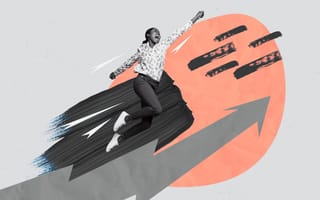 A woman jumps in front of an arrow headed up and to the right.