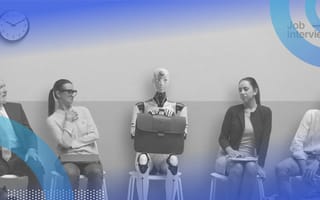 A group of people look angrily at a robot as they await a job interview