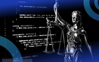 Justice statue in front of code for responsible AI