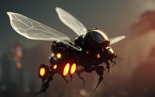 Image of a metalic, robotic bee with orange lights on its legs and a digital screen for eyes.