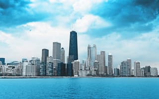The Chicago skyline from the water.