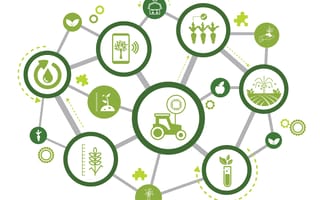 An illustration of agriculture and technology symbols