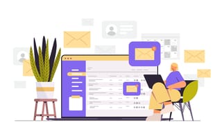An illustration of a worker on a laptop in front of a screen showing an incoming email
