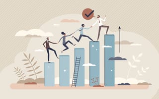 Illustration of a worker leading colleagues up a series of vertical bars