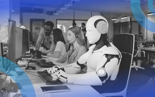 A robot works in an internet cafe alongside humans