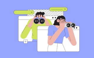 A cartoon drawing of two people looking through binoculars against a purple background with internet browsers.