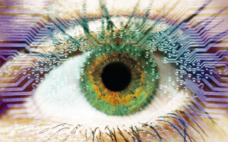 Macro human eye with technology, futuristic cybersecurity concept.