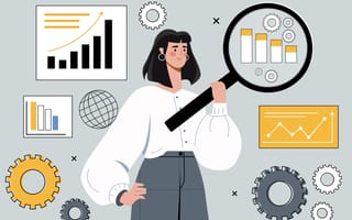 Graphic illustration of sales woman holding a magnifying glass to charts