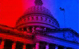 A warped image of the U.S. Capitol, colored red and blue
