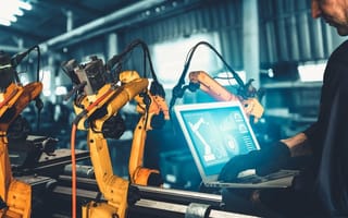 A worker uses a laptop to control a set of robotic arms to represent industrial automationl.