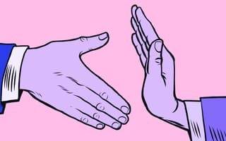 Two illustrated hands are pictured against a pink backdrop. One of the hands is extended for a handshake, but the handshake is blocked by the other hand — similar to the way an employer can block a new hire by rescinding a job offer.