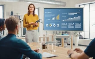 Woman stands next to a screen with charts and “Analysis” headline, presenting to seated colleagues.
