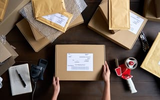 A close up of a pair of hands holding a package that's ready for shipping on a table surrounded by shipping materials.