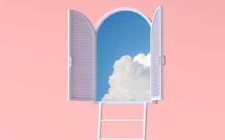 A minimalist rendering of a ladder leading to an open window. The background is “millennial pink.”