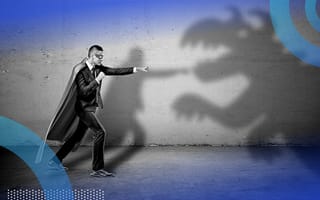 A business man fighting the shadow of a dragon or dinosaur.