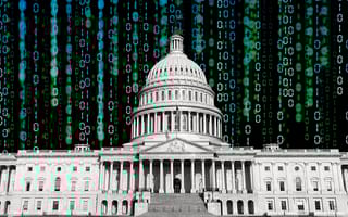 The U.S. Capitol building against a background of cascading binary code