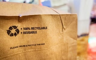 A close up of the bottom of a brown paper bag labeled recyclable and reusable to represent sustainability.