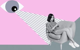 woman on phone being watched by a big eye
