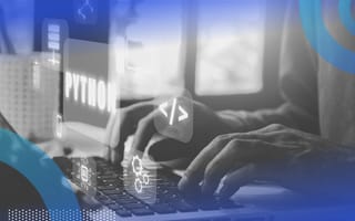 A close-up of a developer working on a laptop with the word Python and some operators overlaid