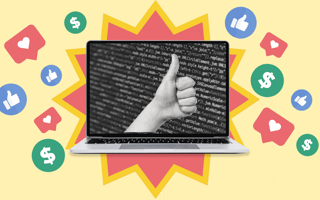 A thumbs up inside against computer, with various thumbs up, heart and dollar sign emojis emanating from it