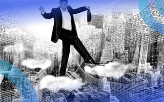 A man walks precariously on clouds above a city with a digital overlay