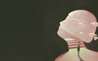 A drawing of a woman dreaming. The woman stands in an abstract cutout of her silhouette. Clouds drift from an ethereal hallway.