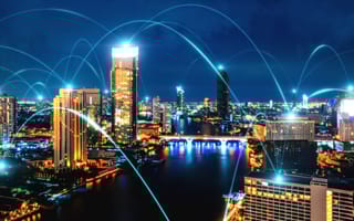 An artistic rendering of connections being made in a modern cityscape.